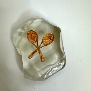 24 karat Gold Electroplate Glass Tennis Racquet Paperweight. (A)